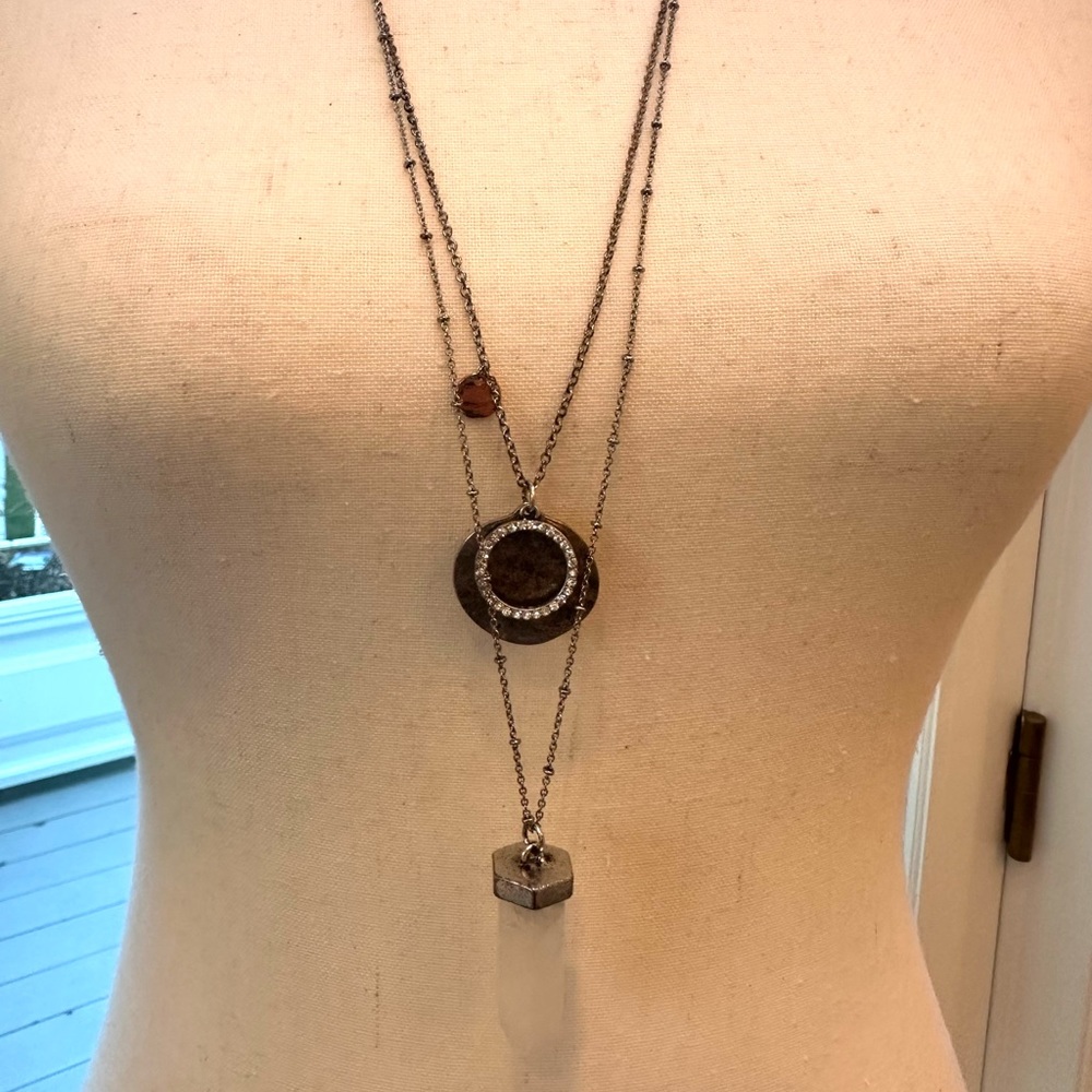 Double Chain Trinket Necklace EUC Silver Crystal copper and white Stone - Picture 5 of 9